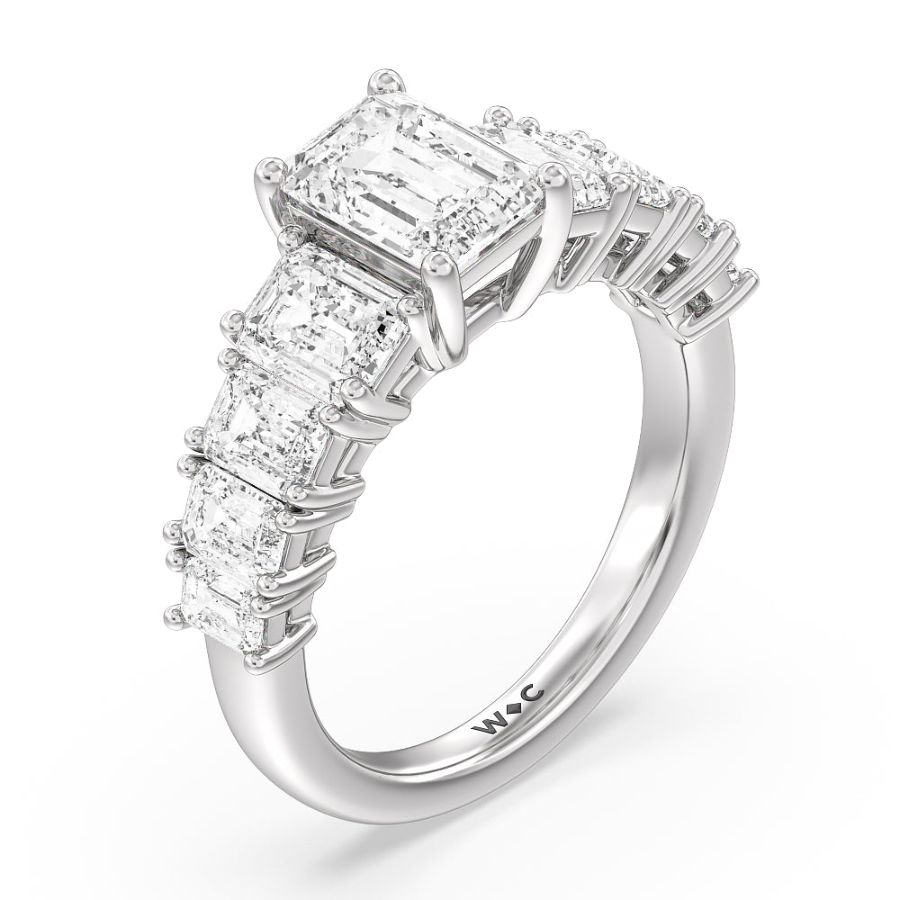 Luxe Emerald Step Side Stone Classic Engagement Ring with Emerald Cut Diamond in 14KT Platinum view 3
