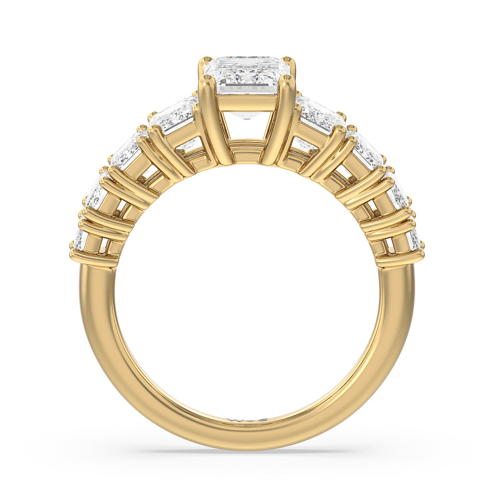 Luxe Emerald Step Side Stone Classic Engagement Ring with Emerald Cut Diamond in 14KT Yellow Gold view 2
