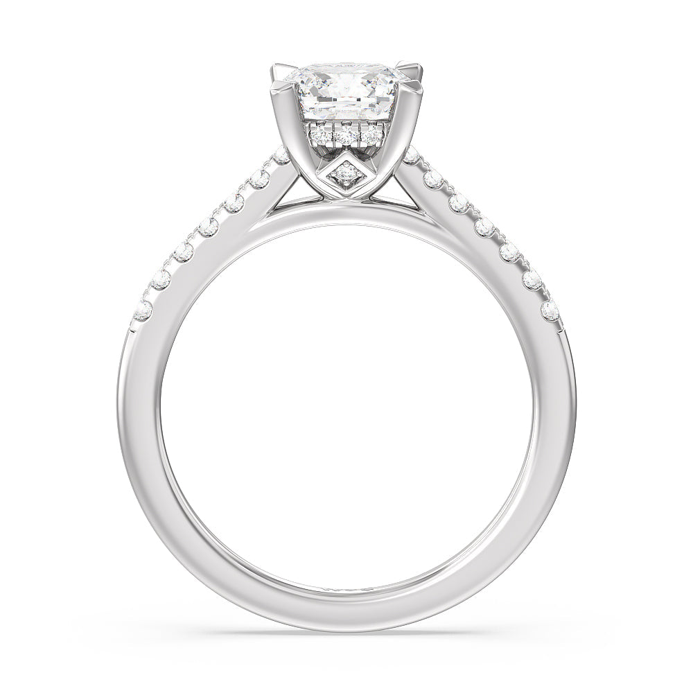 Cushion Cut Cathedral Diamond Pave Hidden Halo Engagement Ring with Lab Grown Diamond in 14KT Platinum view 2
