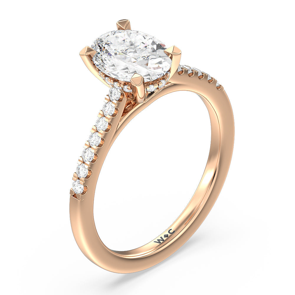 Cathedral Diamond Pave Hidden Halo Engagement Ring with Oval Cut Diamond in 14KT Rose Gold view 3
