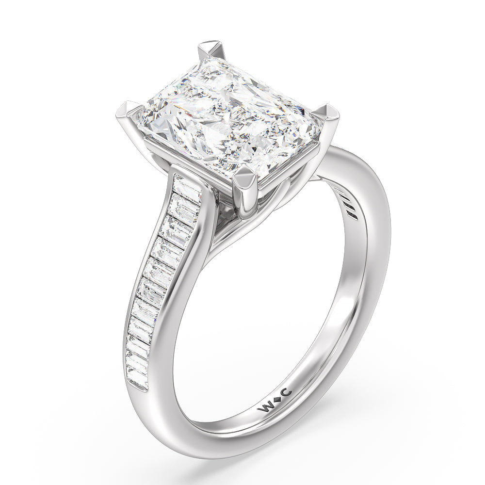 Baguette Studded Cathedral Shank Engagement Ring with Radiant Cut Diamond in 14KT Platinum view 3

