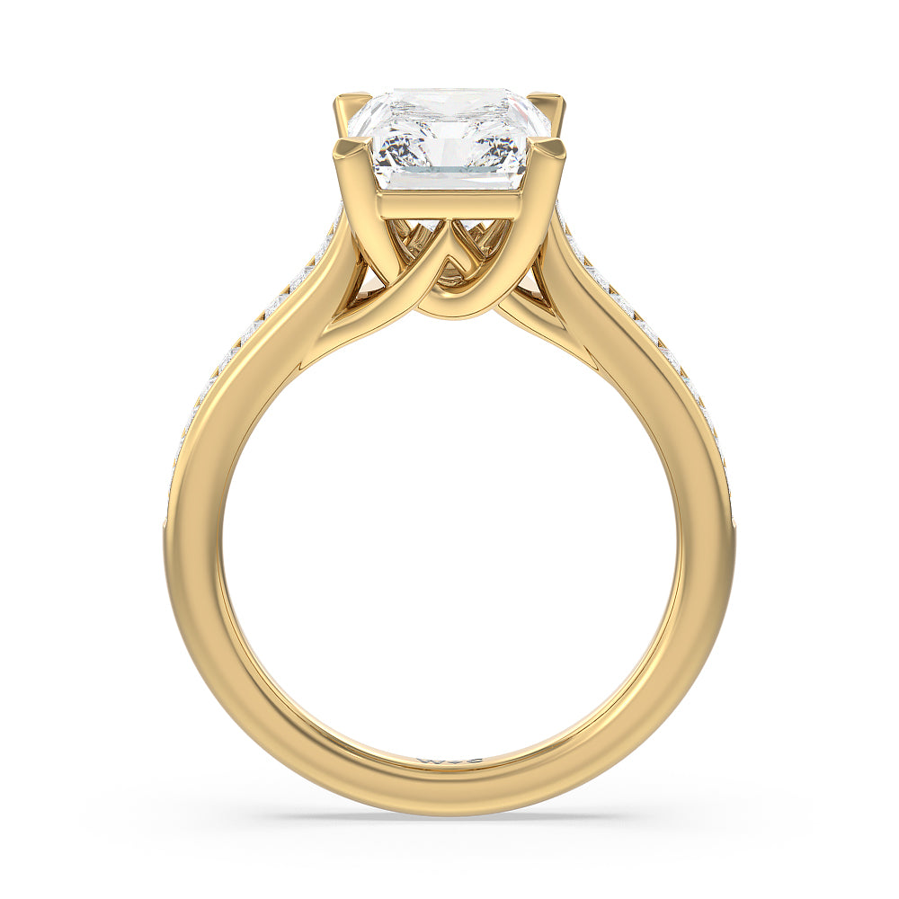Baguette Studded Cathedral Shank Engagement Ring with Radiant Cut Diamond in 14KT Yellow Gold view 2
