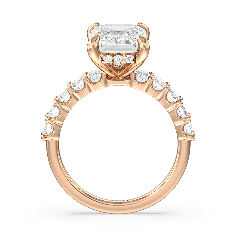 Emerald Cut Hidden Halo Emerald Side Stones Engagement Ring with Lab Grown Diamond in 14KT Rose Gold view 2
