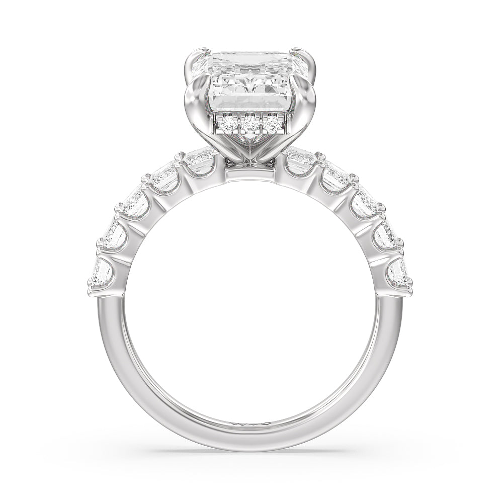 Emerald Cut Hidden Halo Emerald Side Stones Engagement Ring with Lab Grown Diamond in 14KT Platinum view 2
