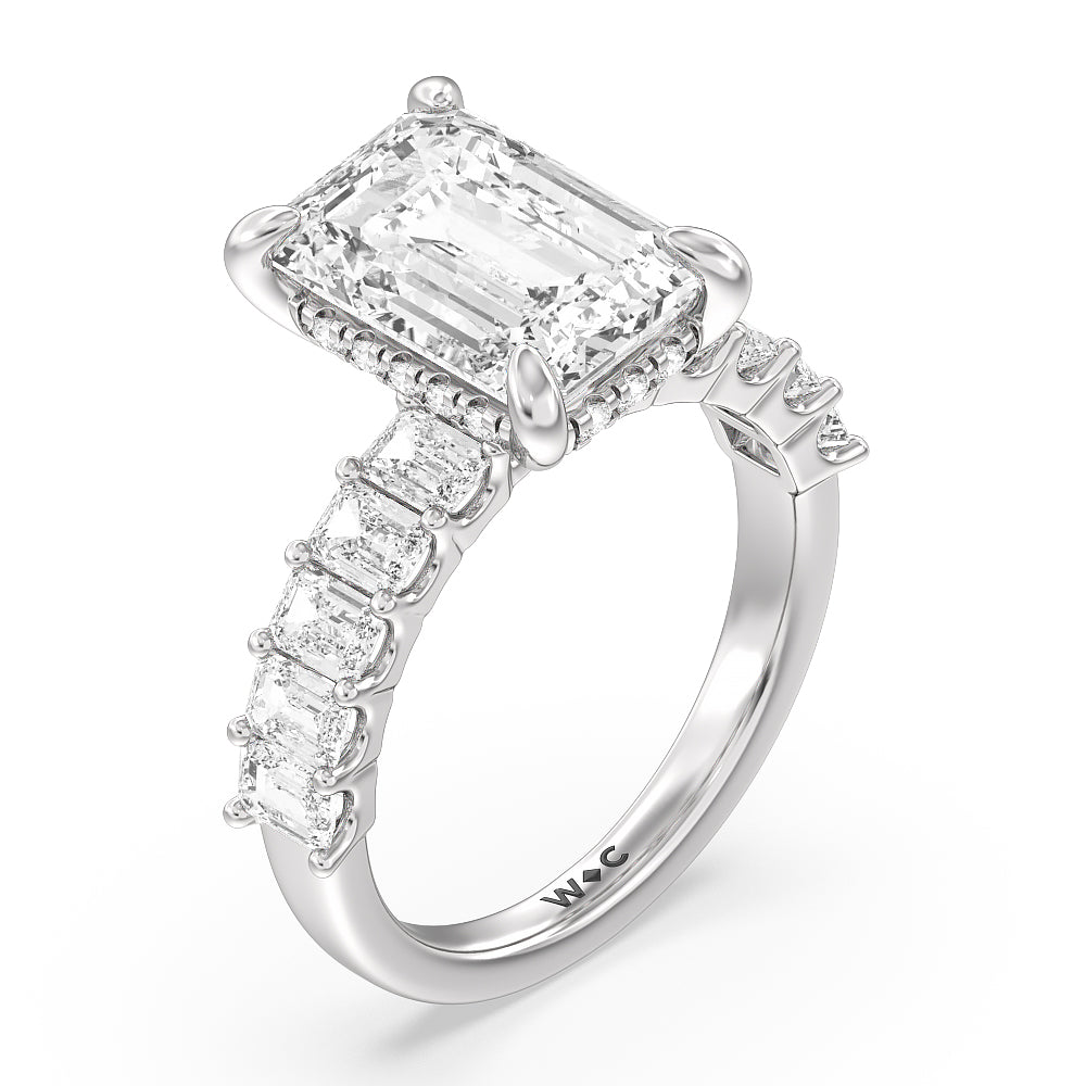 Emerald Cut Hidden Halo Emerald Side Stones Engagement Ring with Lab Grown Diamond in 14KT Platinum view 3
