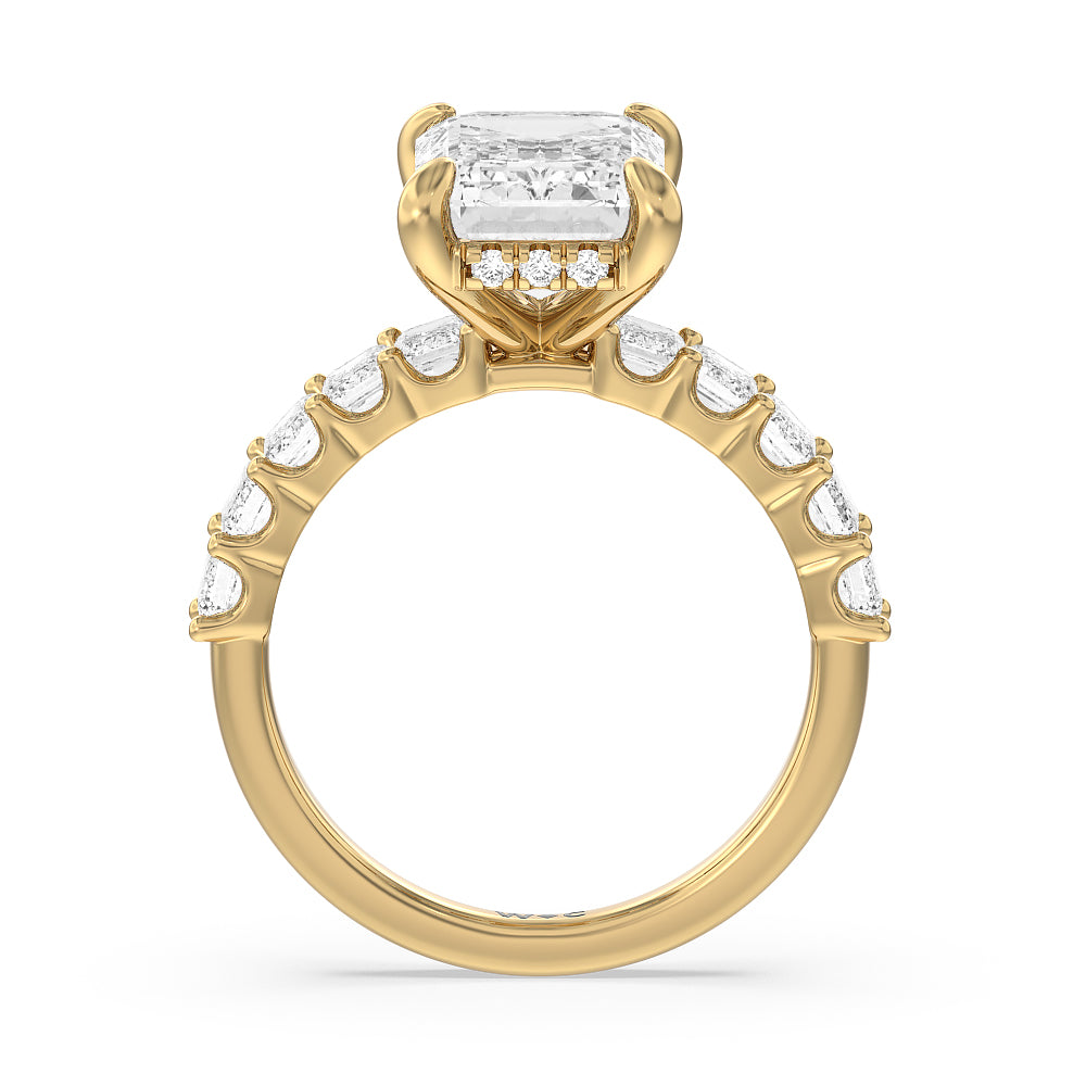 Hidden Halo Emerald Side Stones Engagement Ring with Emerald Cut Diamond in 14KT Yellow Gold view 4
