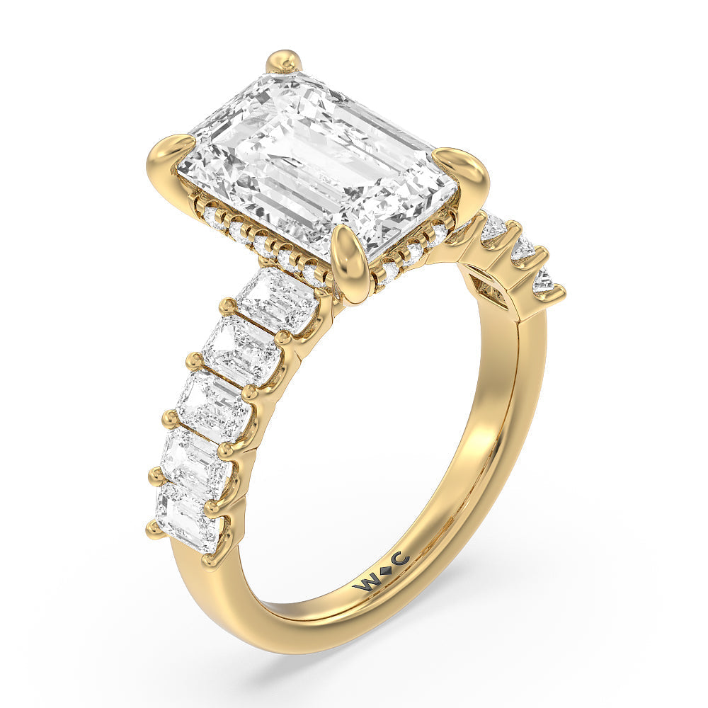 Hidden Halo Emerald Side Stones Engagement Ring with Emerald Cut Diamond in 14KT Yellow Gold view 5
