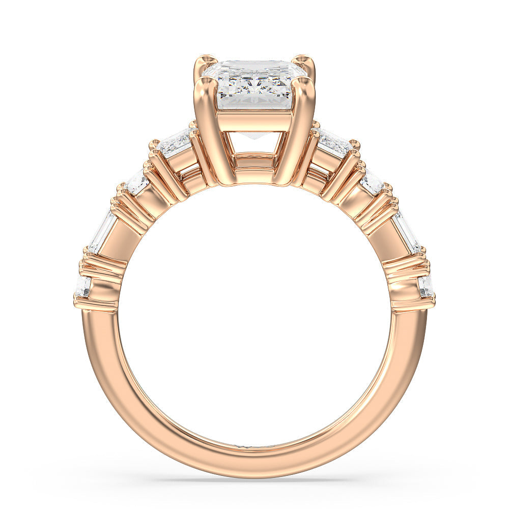 Emerald and Round Side Stone Engagement Ring with Emerald Cut Diamond in 14KT Rose Gold view 2
