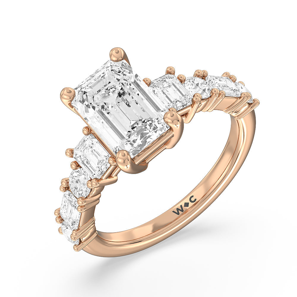 Emerald and Round Side Stone Engagement Ring with Emerald Cut Diamond in 14KT Rose Gold view 3
