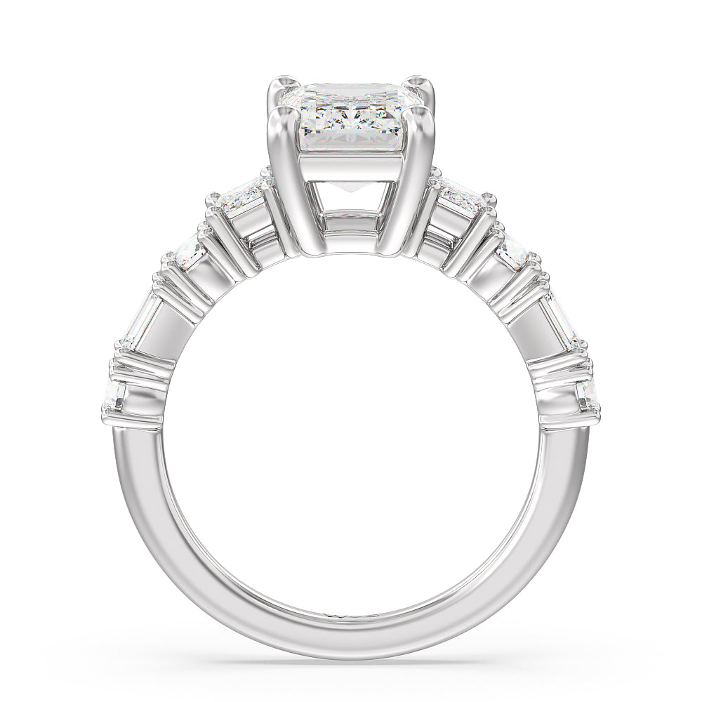 Emerald and Round Side Stone Engagement Ring with Emerald Cut Diamond in 14KT Platinum view 2
