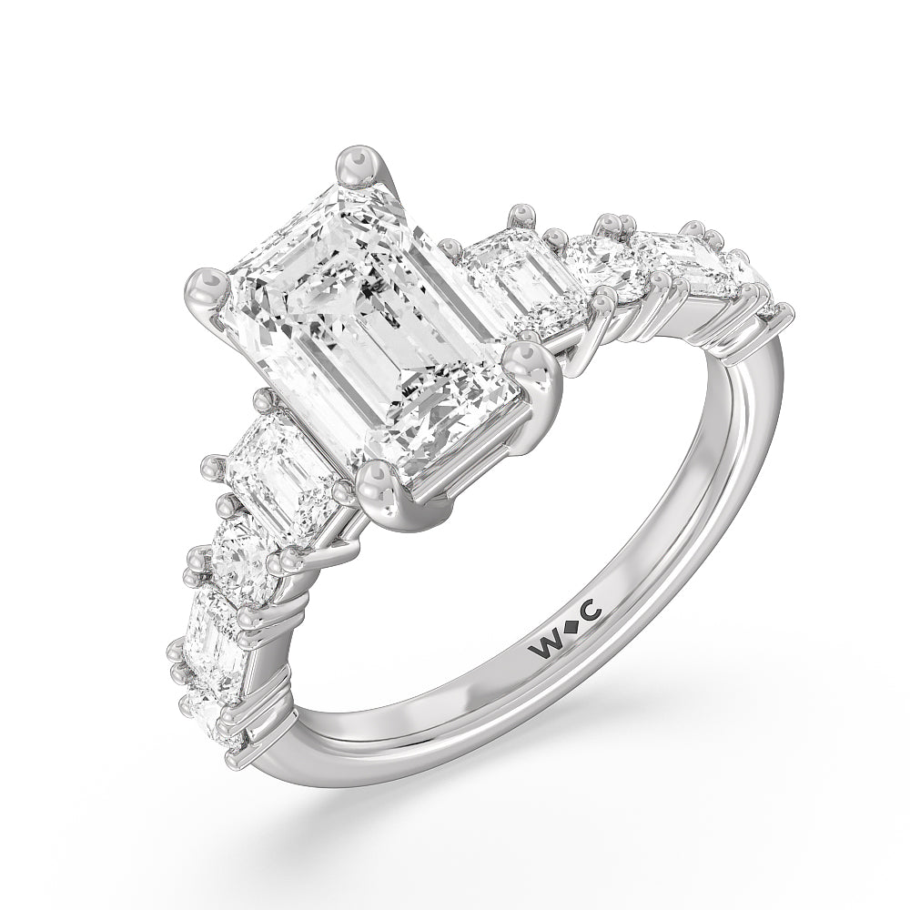 Emerald and Round Side Stone Engagement Ring with Emerald Cut Diamond in 14KT Platinum view 3
