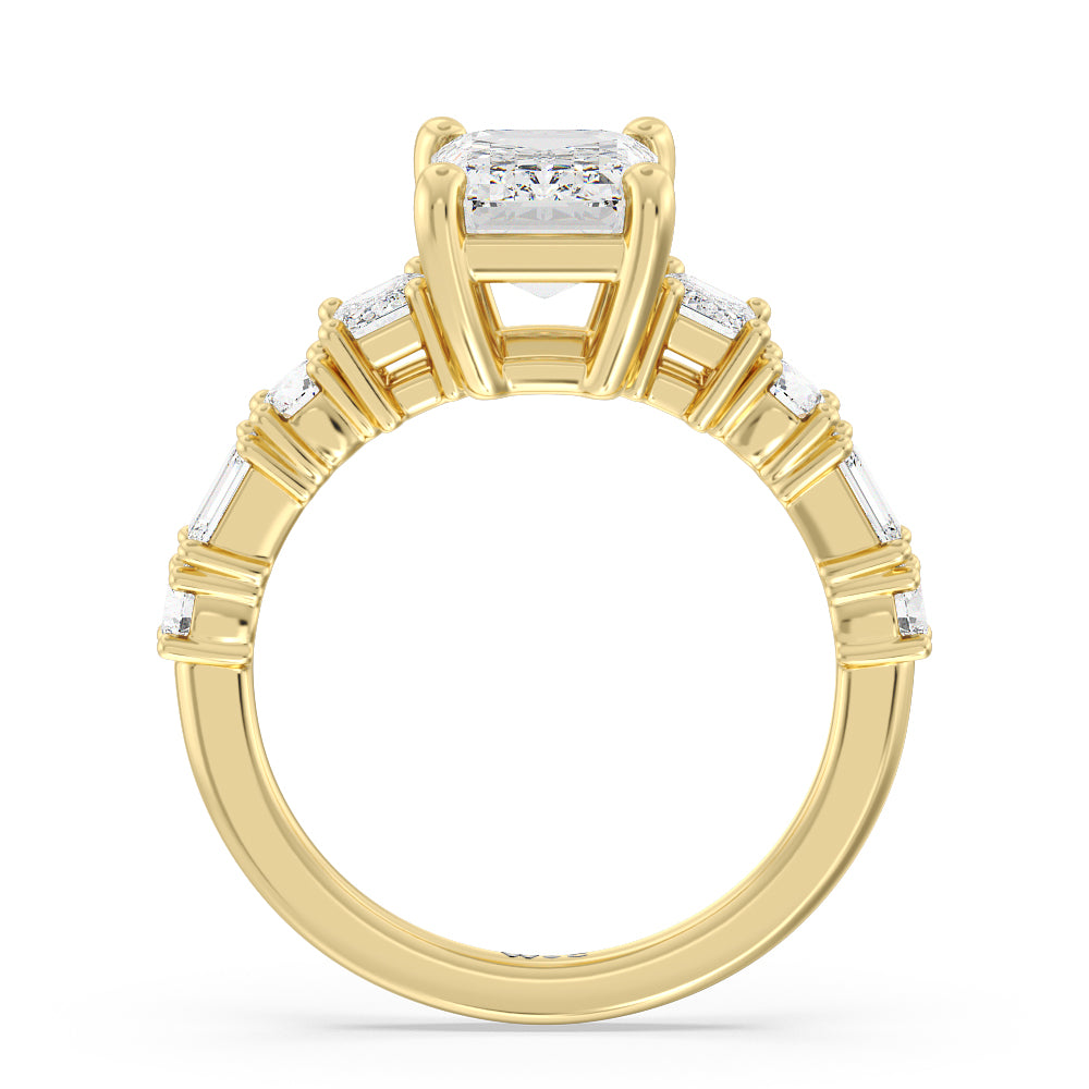 Emerald and Round Side Stone Engagement Ring with Emerald Cut Diamond in 14KT Yellow Gold view 2
