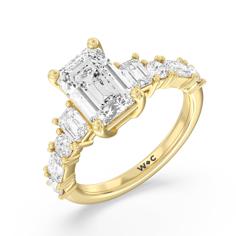 Emerald and Round Side Stone Engagement Ring with Emerald Cut Diamond in 14KT Yellow Gold view 3
