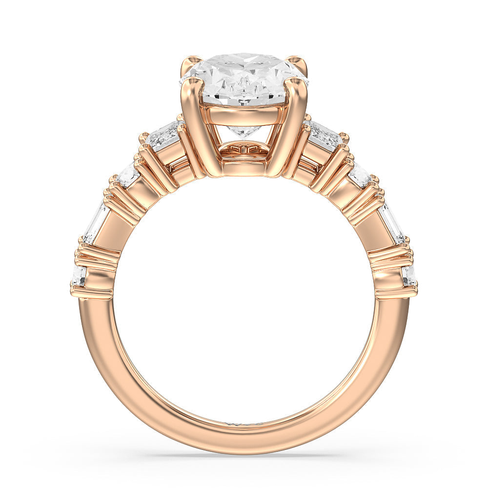 Emerald and Round Side Stone Engagement Ring with Oval Cut Diamond in 14KT Rose Gold view 2
