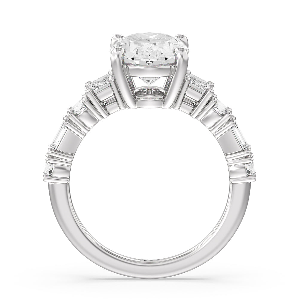 Emerald and Round Side Stone Engagement Ring with Oval Cut Diamond in 14KT Platinum view 2
