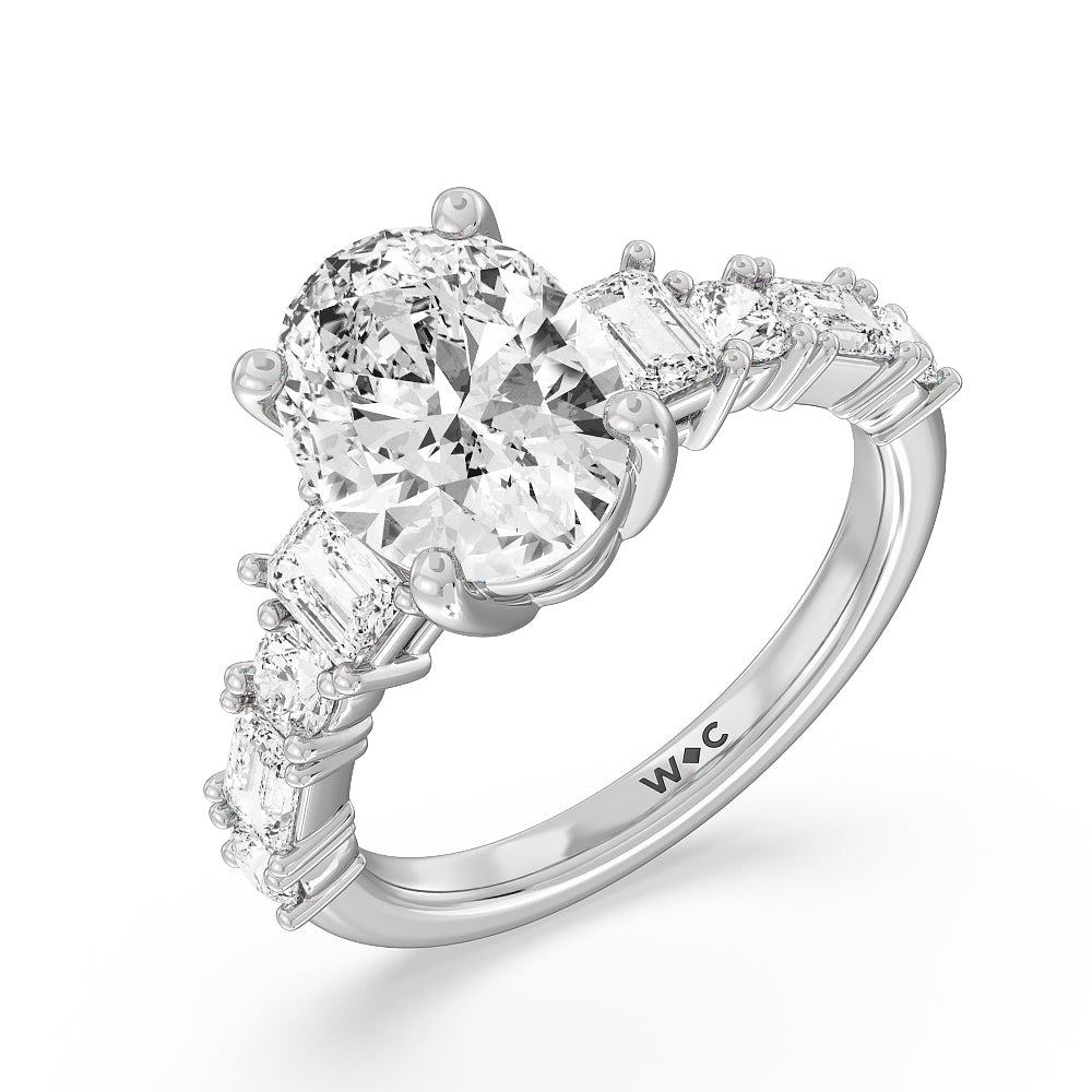 Emerald and Round Side Stone Engagement Ring with Oval Cut Diamond in 14KT Platinum view 3
