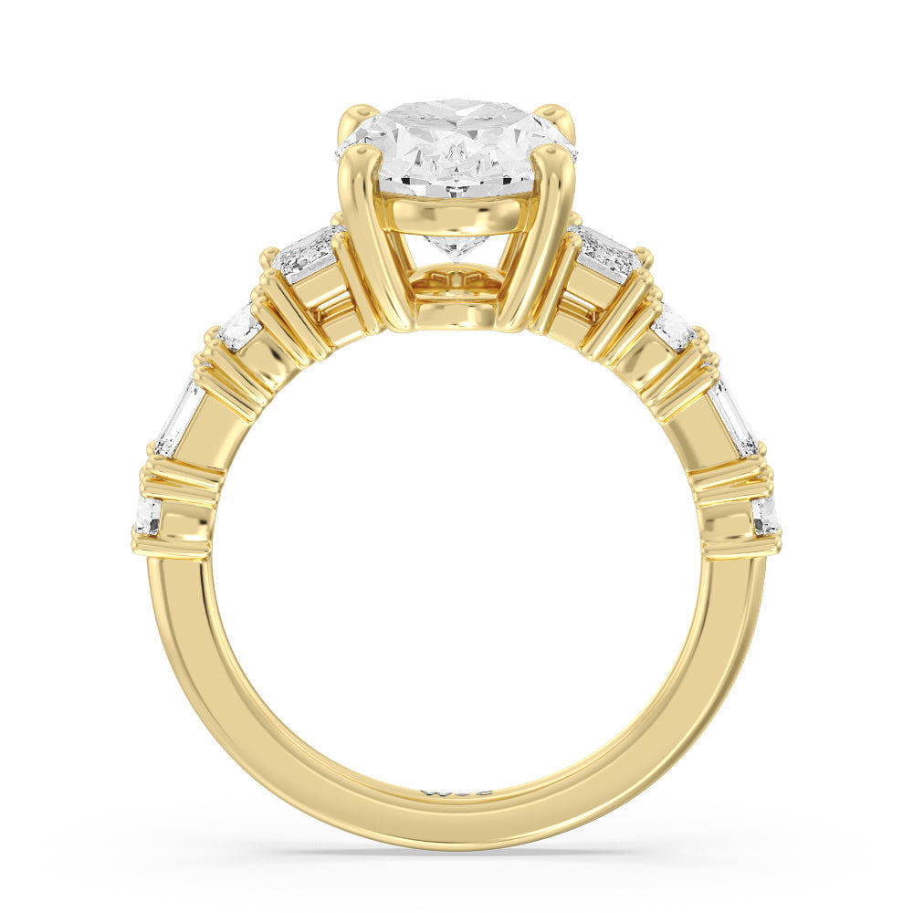 Emerald and Round Side Stone Engagement Ring with Oval Cut Diamond in 14KT Yellow Gold view 2
