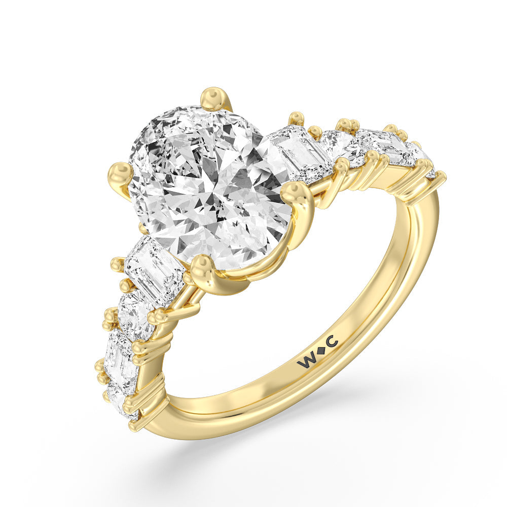 Emerald and Round Side Stone Engagement Ring with Oval Cut Diamond in 14KT Yellow Gold view 3
