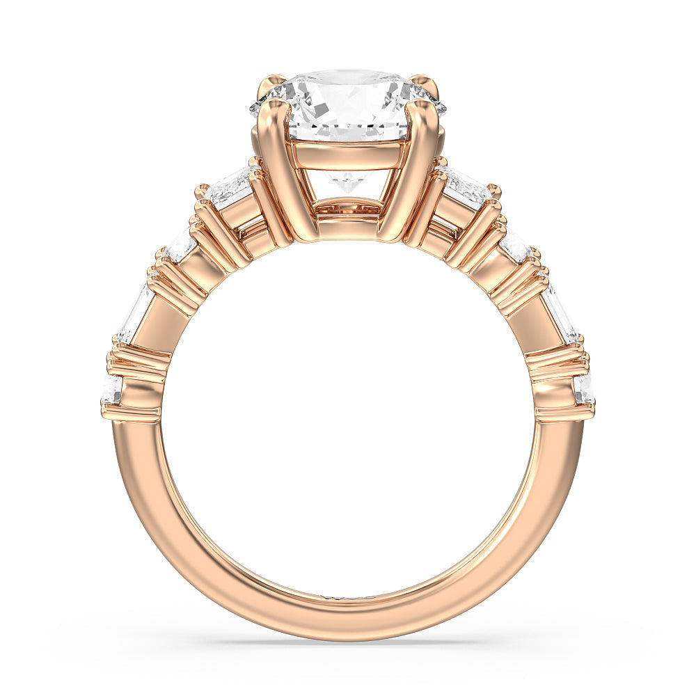 Emerald and Round Side Stone Engagement Ring with Round Cut Diamond in 14KT Rose Gold view 2
