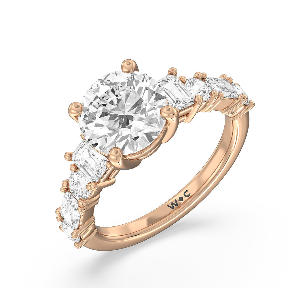 Emerald and Round Side Stone Engagement Ring with Round Cut Diamond in 14KT Rose Gold view 3
