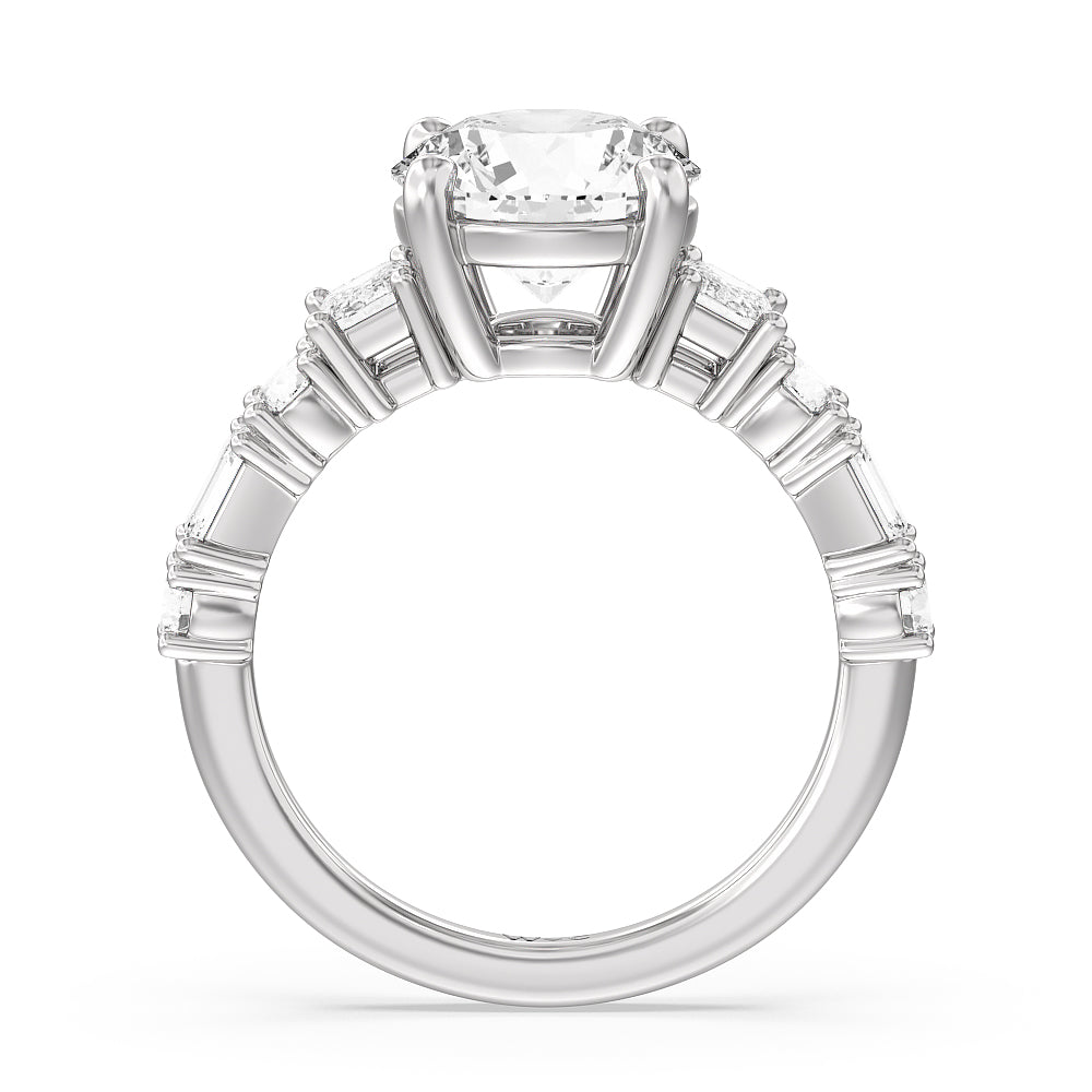 Emerald and Round Side Stone Engagement Ring with Round Cut Diamond in 14KT Platinum view 2
