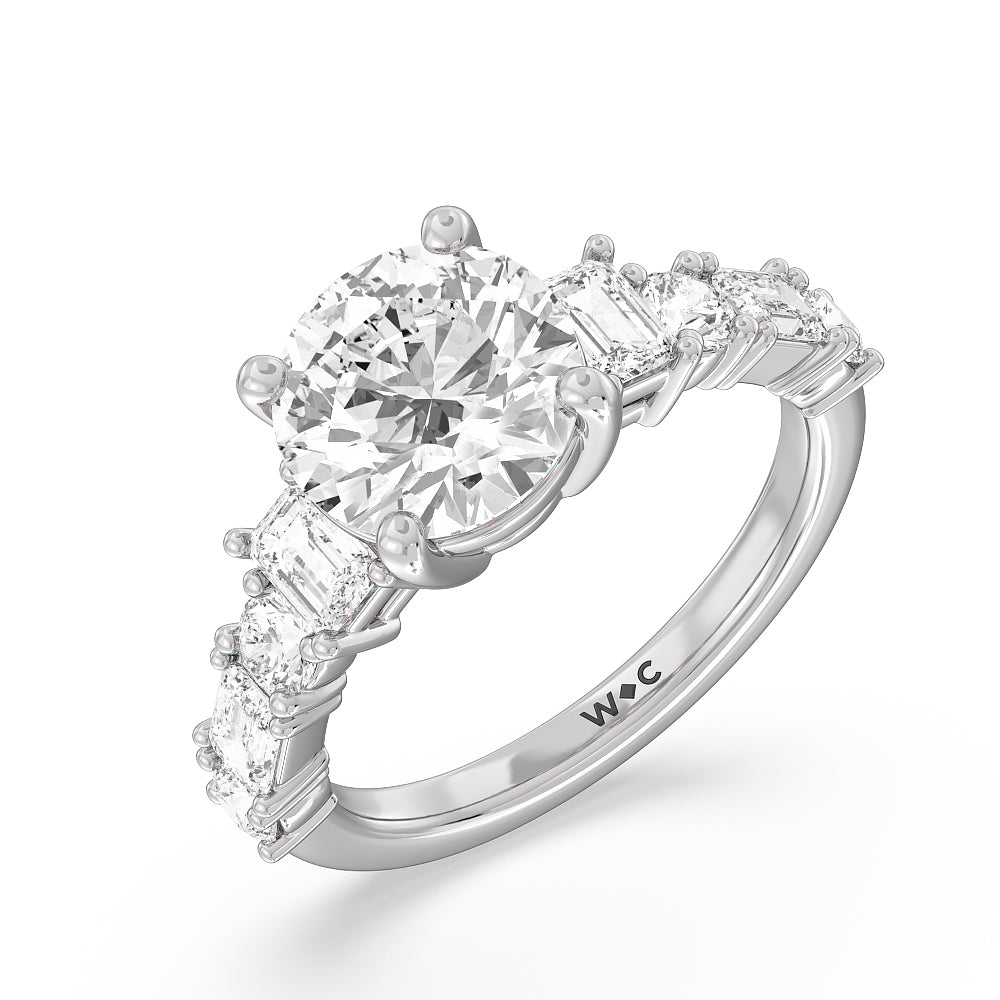 Emerald and Round Side Stone Engagement Ring with Round Cut Diamond in 14KT Platinum view 3
