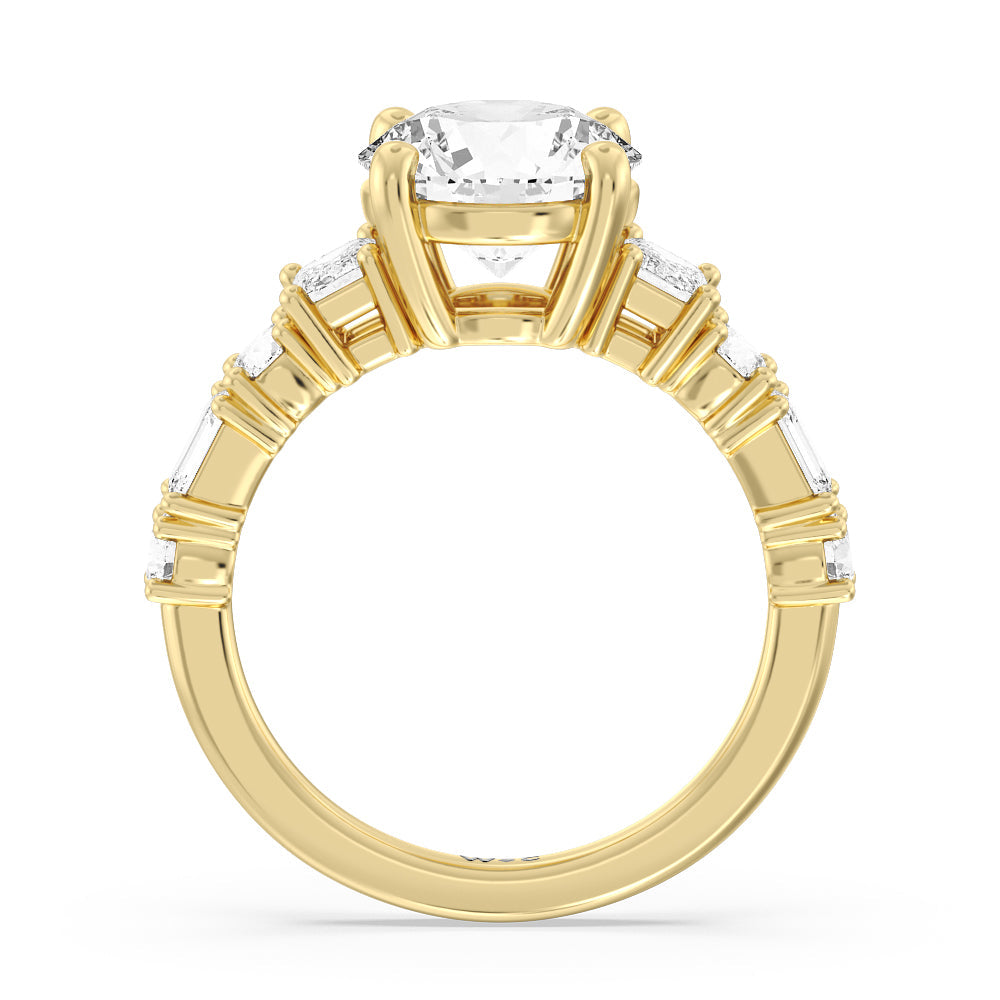 Emerald and Round Side Stone Engagement Ring with Round Cut Diamond in 14KT Yellow Gold view 2
