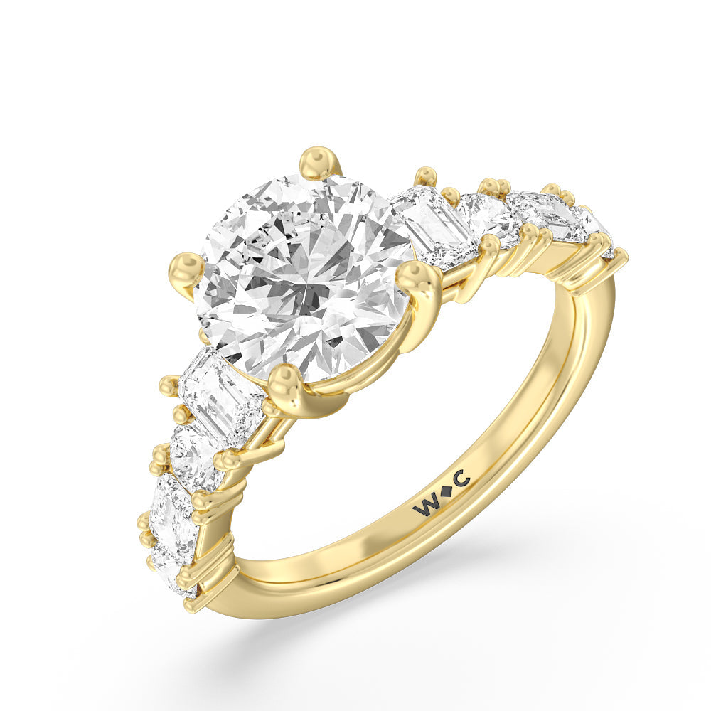 Emerald and Round Side Stone Engagement Ring with Round Cut Diamond in 14KT Yellow Gold view 3

