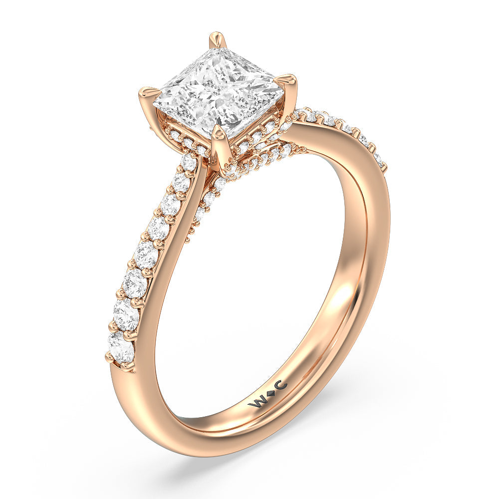 Bridged Basket & Hidden Halo Accent Engagement Ring with Princess Cut Diamond in 14KT Rose Gold view 3
