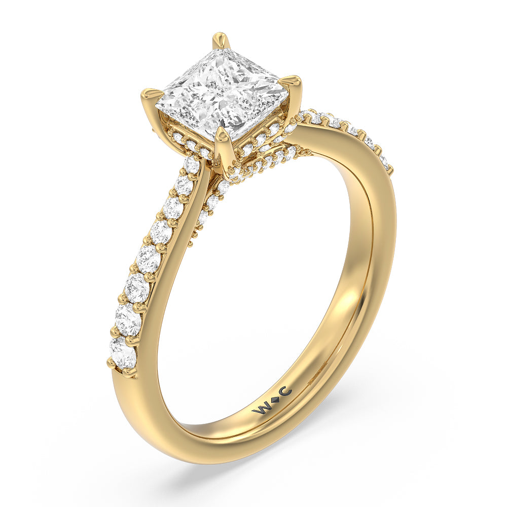 Bridged Basket & Hidden Halo Accent Engagement Ring with Princess Cut Diamond in 14KT Yellow Gold view 3
