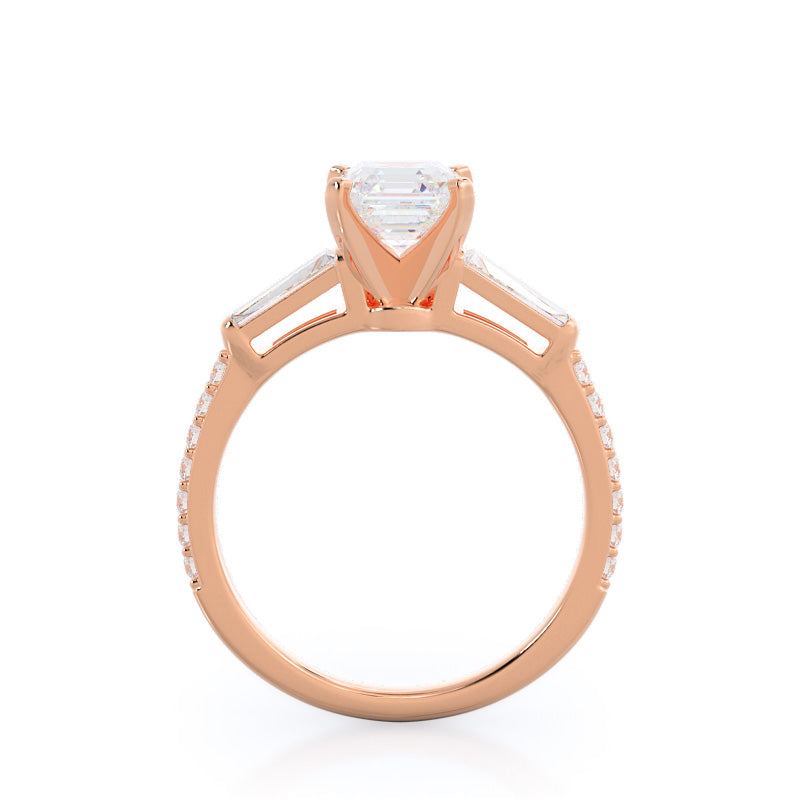 Asscher Cut Three Stone Tapered Baguette Diamond Engagement Ring with Lab Grown Diamond in 14KT Rose Gold view 2
