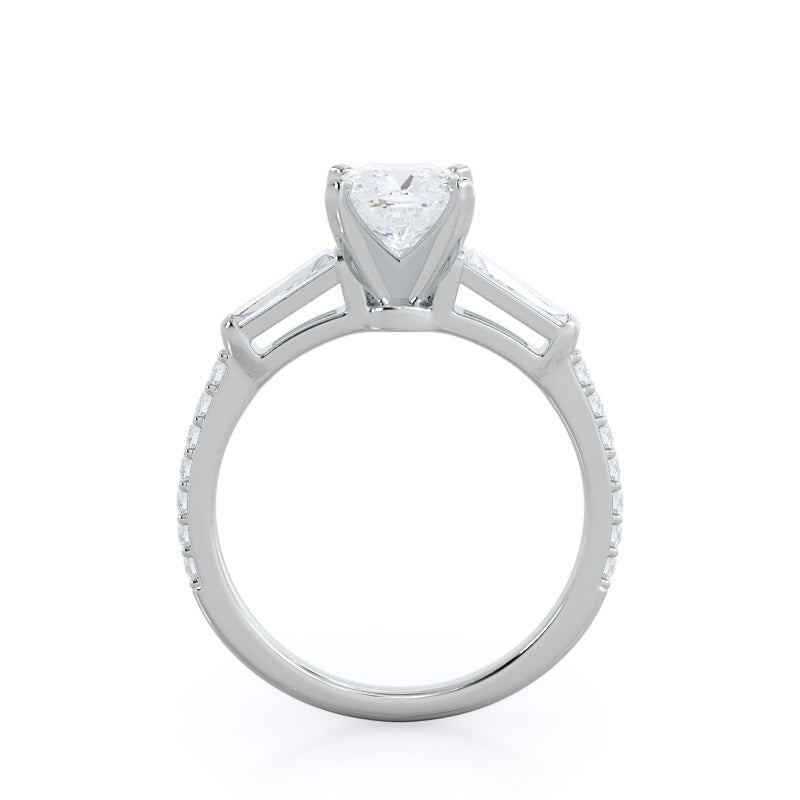Cushion Cut Three Stone Tapered Baguette Diamond Engagement Ring with Lab Grown Diamond in 14KT Platinum view 2
