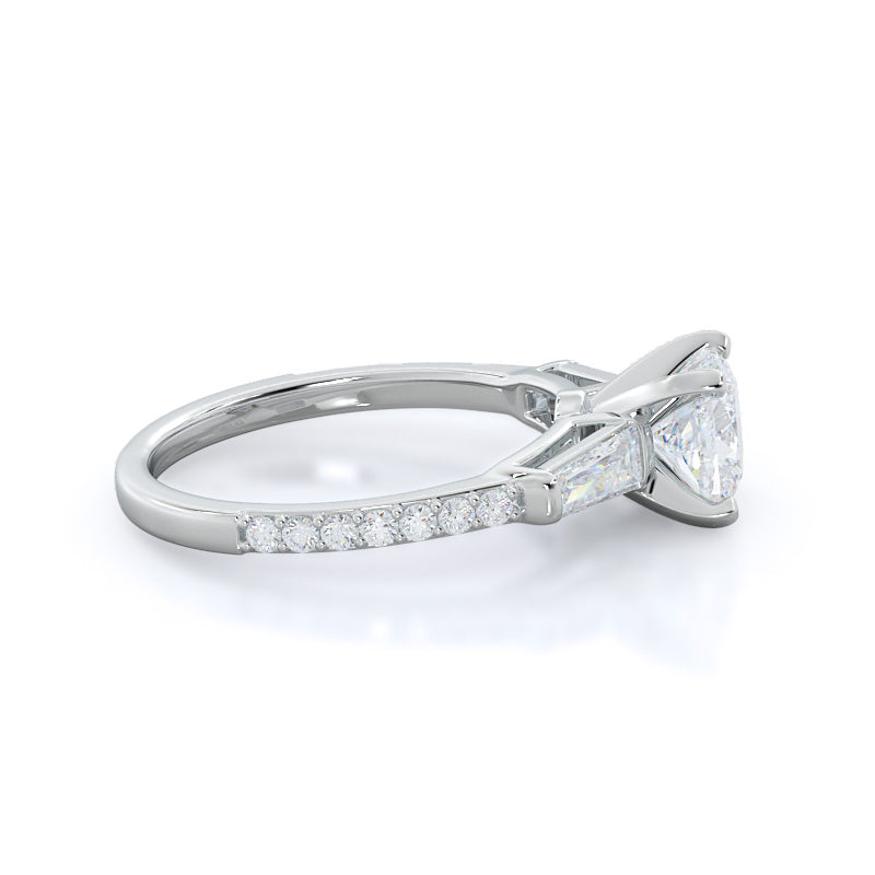 Cushion Cut Three Stone Tapered Baguette Diamond Engagement Ring with Lab Grown Diamond in 14KT Platinum view 3
