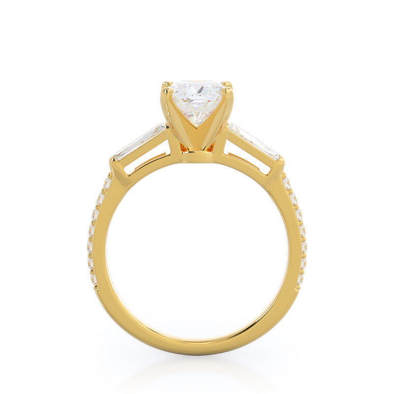 Cushion Cut Three Stone Tapered Baguette Diamond Engagement Ring with Lab Grown Diamond in 14KT Yellow Gold view 2
