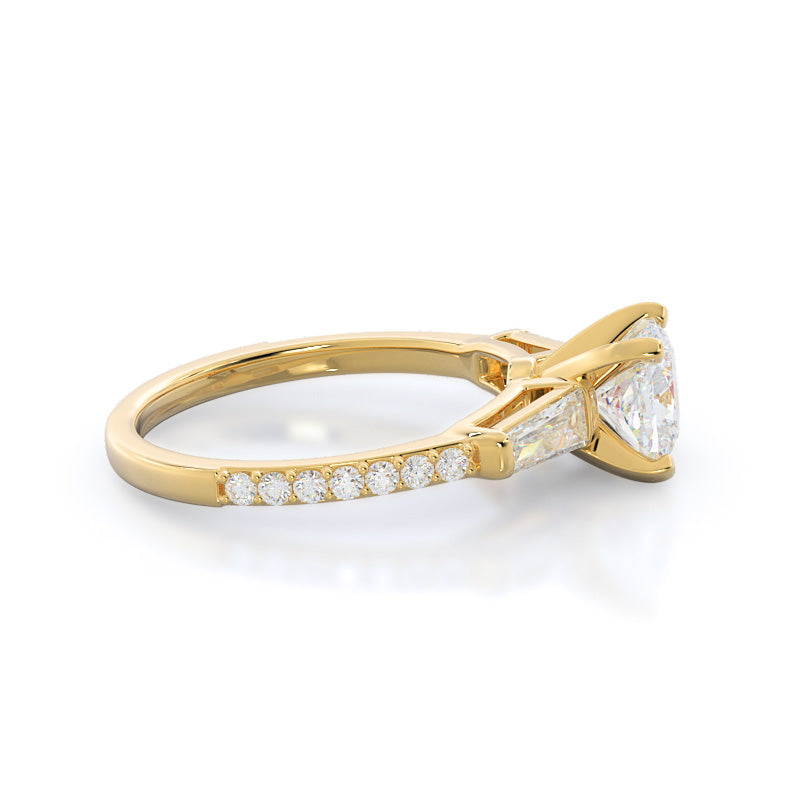 Cushion Cut Three Stone Tapered Baguette Diamond Engagement Ring with Lab Grown Diamond in 14KT Yellow Gold view 3
