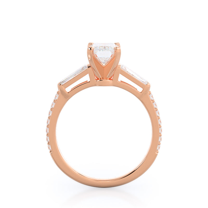 Emerald Cut Three Stone Tapered Baguette Diamond Engagement Ring with Lab Grown Diamond in 14KT Rose Gold view 2
