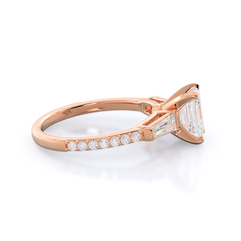Emerald Cut Three Stone Tapered Baguette Diamond Engagement Ring with Lab Grown Diamond in 14KT Rose Gold view 3
