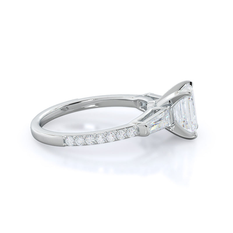 Emerald Cut Three Stone Tapered Baguette Diamond Engagement Ring with Lab Grown Diamond in 14KT Platinum view 3
