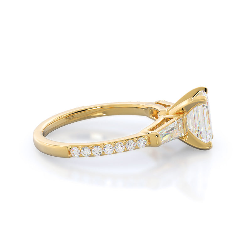 Emerald Cut Three Stone Tapered Baguette Diamond Engagement Ring with Lab Grown Diamond in 14KT Yellow Gold view 3
