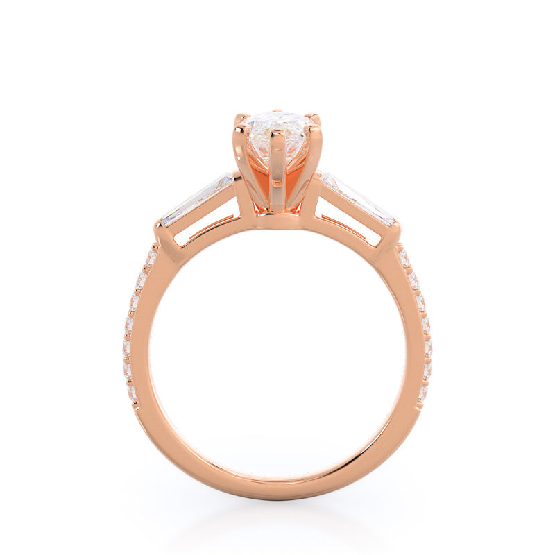 Marquise Cut Three Stone Tapered Baguette Diamond Engagement Ring with Lab Grown Diamond in 14KT Rose Gold view 2
