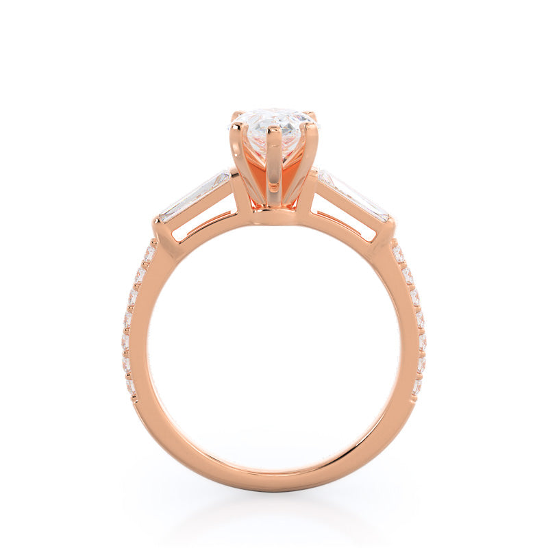 Pear Cut Three Stone Tapered Baguette Diamond Engagement Ring with Lab Grown Diamond in 14KT Rose Gold view 2
