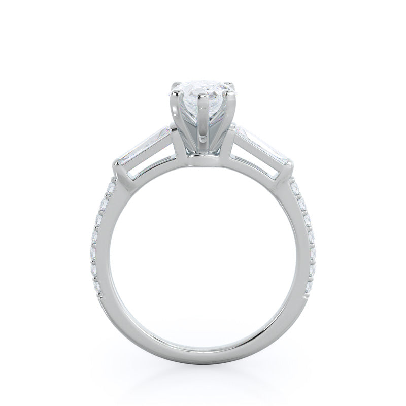 Pear Cut Three Stone Tapered Baguette Diamond Engagement Ring with Lab Grown Diamond in 14KT Platinum view 2
