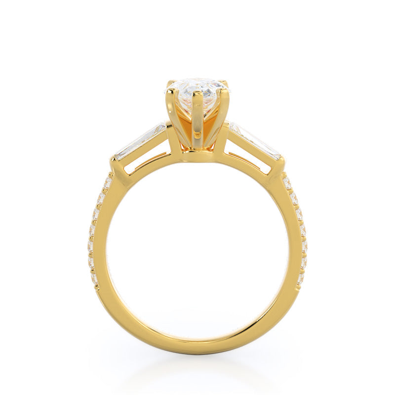 Pear Cut Three Stone Tapered Baguette Diamond Engagement Ring with Lab Grown Diamond in 14KT Yellow Gold view 2
