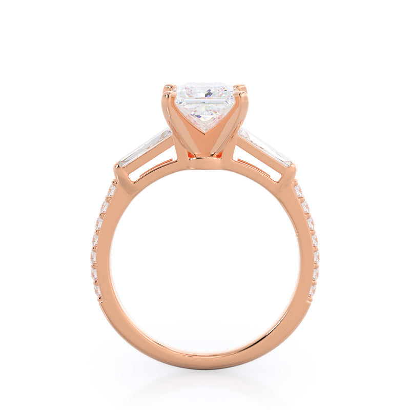 Princess Cut Three Stone Tapered Baguette Diamond Engagement Ring with Lab Grown Diamond in 14KT Rose Gold view 2
