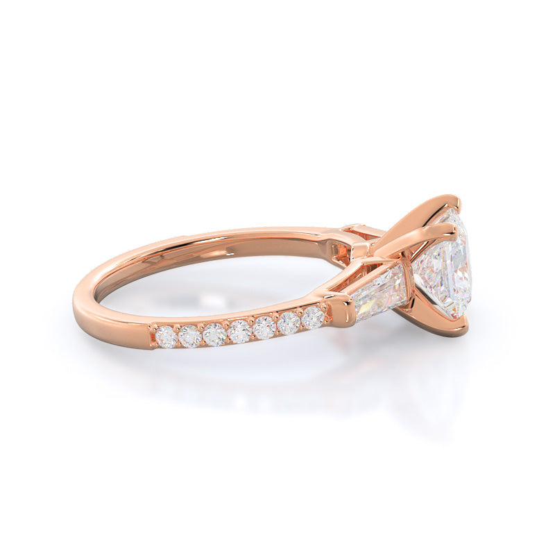 Princess Cut Three Stone Tapered Baguette Diamond Engagement Ring with Lab Grown Diamond in 14KT Rose Gold view 3
