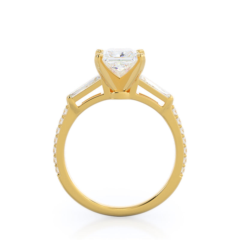 Princess Cut Three Stone Tapered Baguette Diamond Engagement Ring with Lab Grown Diamond in 14KT Yellow Gold view 2
