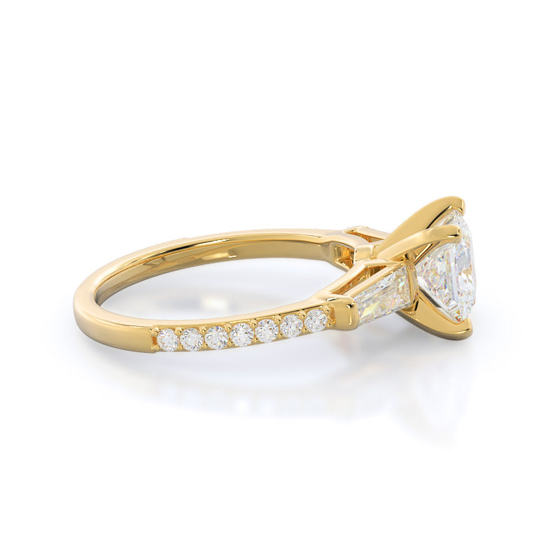 Princess Cut Three Stone Tapered Baguette Diamond Engagement Ring with Lab Grown Diamond in 14KT Yellow Gold view 3
