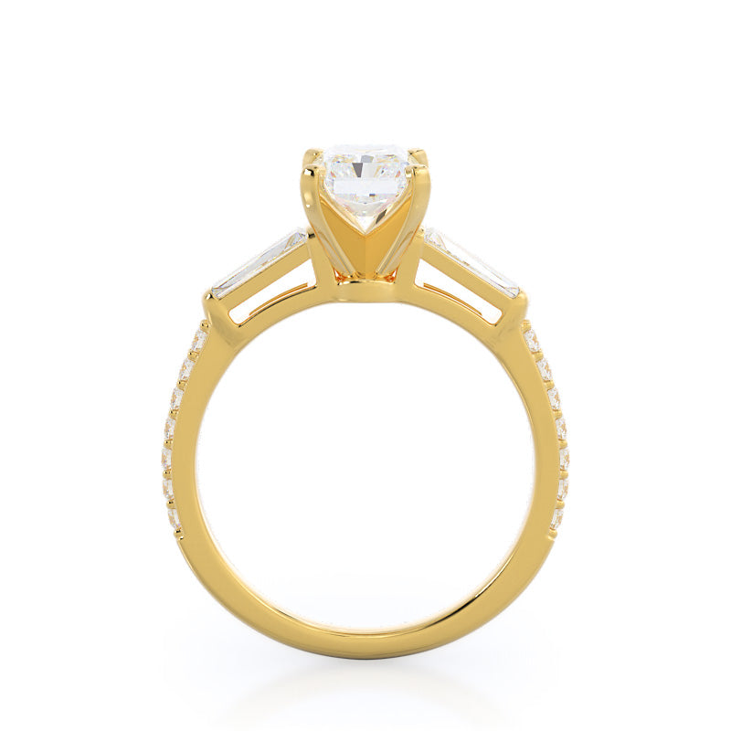 Radiant Cut Three Stone Tapered Baguette Diamond Engagement Ring with Lab Grown Diamond in 14KT Yellow Gold view 2
