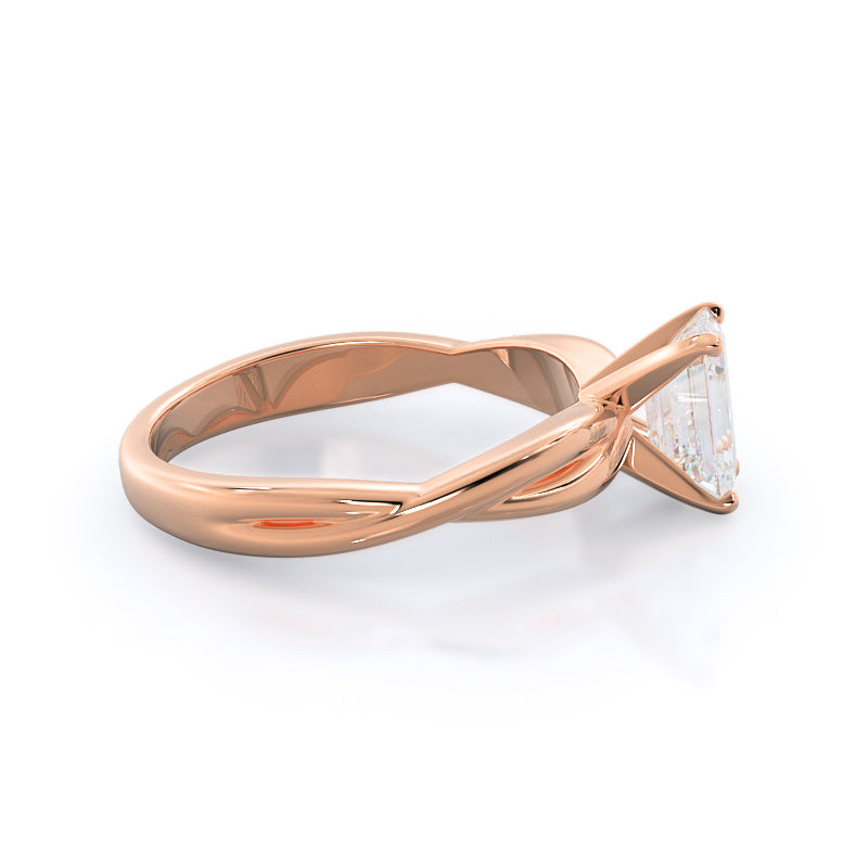 Twisting Solitaire Diamond Ring with Emerald Cut Diamond in 14KT Rose Gold view 3
