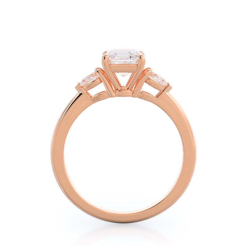 Three Stone Pear Engagement Ring with Asscher Cut Diamond in 14KT Rose Gold view 2
